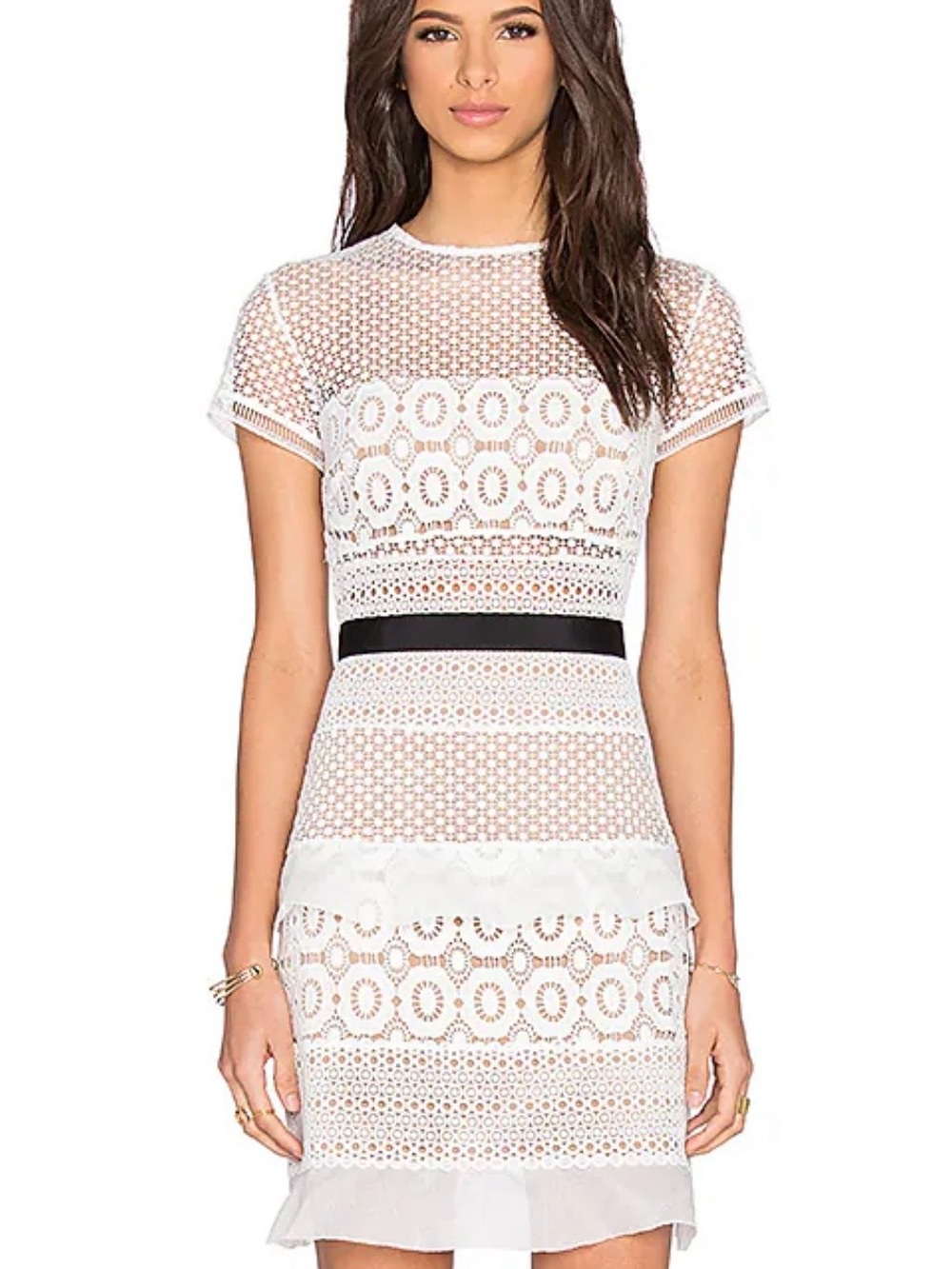 Self-Portrait White Lace Mini Dress with Black Waistband
